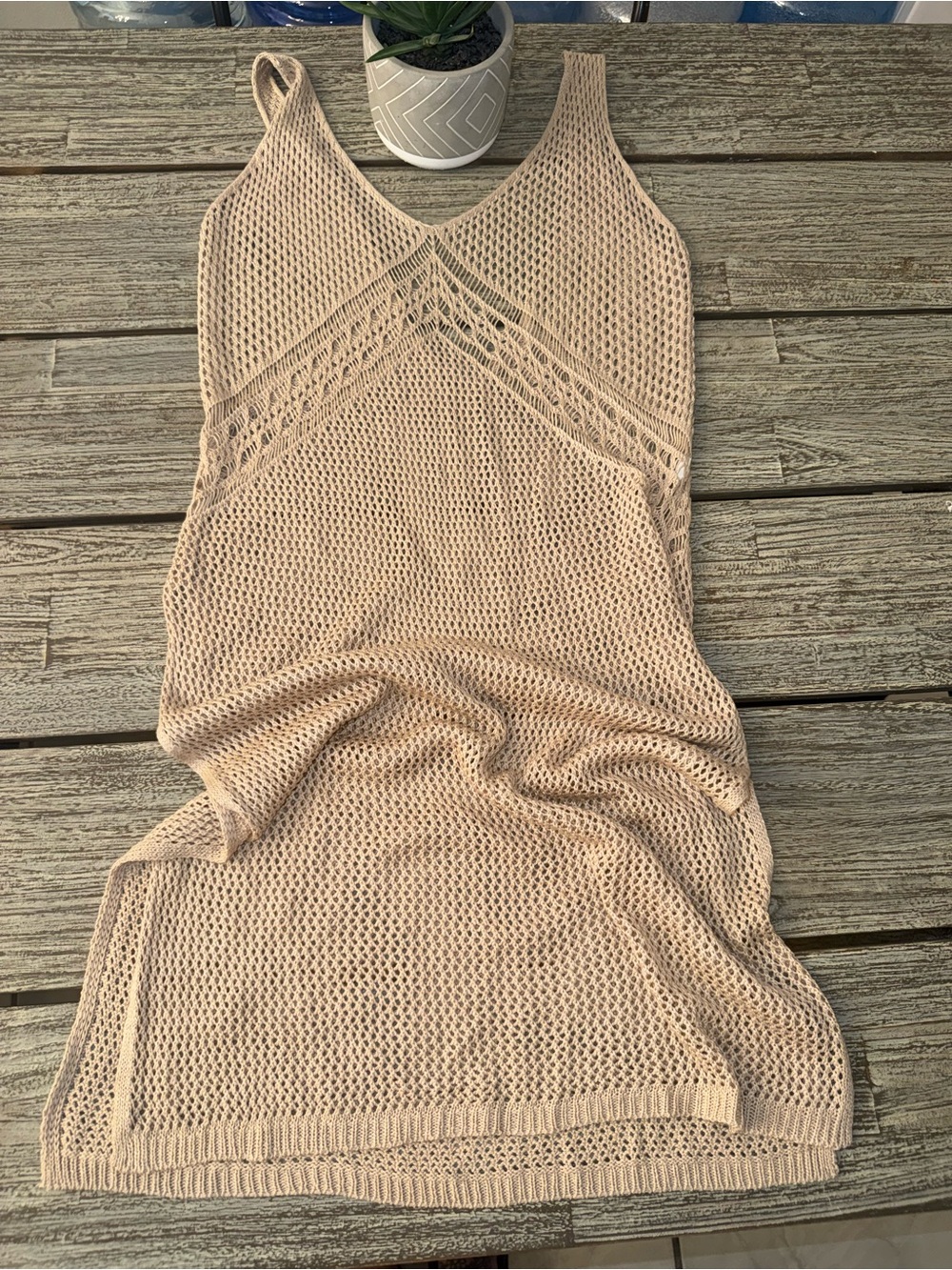Women's Boho Beige Crochet Swim Cover-Up Dress, Sz Large